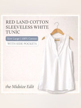White Cotton Tunic Sleeveless Red Land Cotton Size L Pockets Capsule Wardrobe